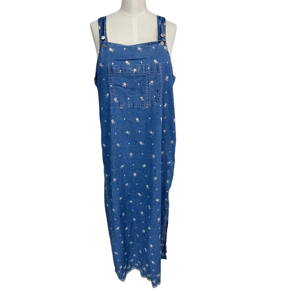Solutions Women's Large Blue Denim Floral Jumper Maxi Dress Cottagecore